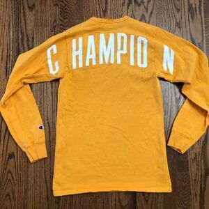 Vintage Champion Large Back Lettering Mustard Yellow Shirt Men's Small VTG